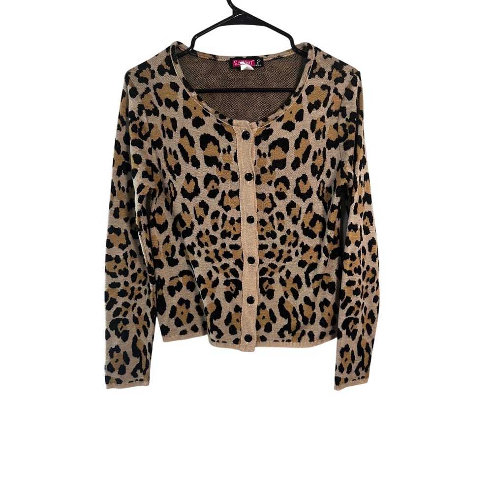 Say What? Leopard Print Cardigan‎ Sweater Medium Tan Black Button Front USA